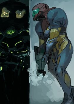 Rule 34 | 1girl, 33dot, absurdres, arm cannon, armor, assault visor, blue visor, full armor, fusion suit, green visor, highres, metroid, metroid fusion, multicolored armor, nintendo, power armor, power suit (metroid), sa-x, samus aran, weapon, x parasite