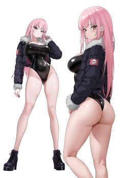 1girl absurdres alternate_costume ankle_boots ass bare_legs black_boots black_jacket black_leotard black_nails blunt_bangs blush boots breasts cleavage closed_mouth covered_navel earrings fingernails from_behind from_side full_body fur-trimmed_jacket fur_trim groin hashtag-only_commentary highleg highleg_leotard highres hololive hololive_english hoop_earrings jacket jewelry large_breasts leotard long_hair long_sleeves looking_at_viewer mori_calliope multiple_views open_clothes open_jacket padded_jacket pink_hair platform_boots raikkonen red_eyes sideboob simple_background turning_head virtual_youtuber white_background zipper zipper_leotard