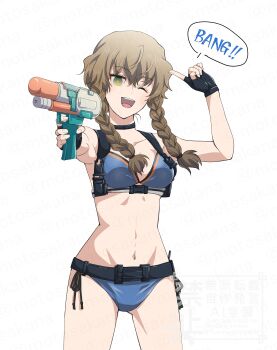 1girl absurdres amane_suzuha belt black_gloves braid breasts brown_hair fingerless_gloves gloves green_eyes groin groin_tendon gun highres holding holding_water_gun long_hair medium_breasts motomotosakana navel one_eye_closed open_mouth ringed_eyes science_adventure smile solo speech_bubble steins;gate stomach swimsuit tongue twin_braids water_gun weapon