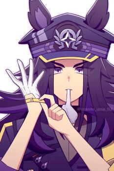 1girl adjusting_clothes adjusting_gloves animal_ears black_hair black_jacket black_shirt ears_through_headwear fenomeno_(black_flames_of_the_righteous_spirit)_(umamusume) fenomeno_(umamusume) flipped_hair glove_in_mouth gloves hashtag-only_commentary hat highres horse_ears horse_girl horseshoe_hat_ornament horseshoe_ornament jacket long_hair long_sleeves looking_at_viewer mouth_hold multicolored_hair peaked_cap purple_eyes purple_hair shirt simple_background umamusume w3n6e white_gloves