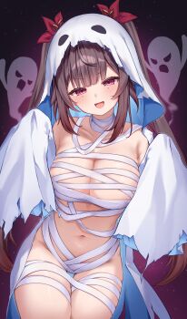 1girl :d absurdres alternate_costume bandages blush breasts brown_hair collarbone commentary_request ghost ghost_costume highres honkai:_star_rail honkai_(series) large_breasts light_particles looking_at_viewer makaroni_(makaroni_kana) mark_under_both_eyes mummy_costume naked_bandage navel open_mouth purple_eyes sleeves_past_fingers sleeves_past_wrists smile solo sparkle_(honkai:_star_rail) stomach thigh_gap twintails veil white_veil