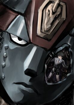 Rule 34 | 1boy, absurdres, bike shorts, black hair, black shorts, blazer, close-up, commentary, expressionless, giant robo, giant robo (mecha), harness, highres, jacket, kusama daisaku, looking at viewer, male focus, mecha, mecha focus, necktie, portrait, red necktie, robot, school uniform, short hair, shorts, user haay5824