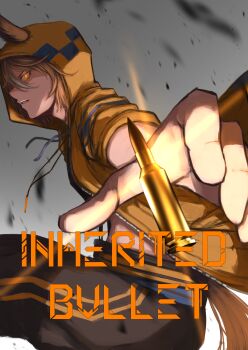 1girl absurdres animal_ears black_pants brown_hair bullet dicta_striker_(umamusume) ears_through_headwear ears_through_hood english_text glowing glowing_eyes hair_between_eyes hasewo highres hood hood_up hooded_jacket hoodie horse_ears horse_girl horse_tail jacket long_sleeves looking_at_viewer midriff multicolored_hair pants parted_lips shirt short_hair streaked_hair tail umamusume umamusume:_cinderella_gray white_hair yellow_eyes yellow_hood yellow_hoodie yellow_jacket