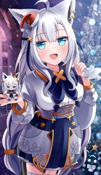 1girl absurdres ahoge animal_ear_fluff animal_ears aqua_eyes blue_bow blue_bowtie blue_hair blush bow bowtie braid breasts character_doll commentary_request doll fox_ears fox_girl garter_straps hair_between_eyes hat highres holding holding_sack hololive long_hair long_sleeves looking_at_viewer medium_breasts mini_hat multicolored_hair night open_mouth outdoors sack santa_hat shirakami_fubuki shirt smile snowing solo tengmi tilted_headwear upper_body very_long_hair white_hair white_shirt