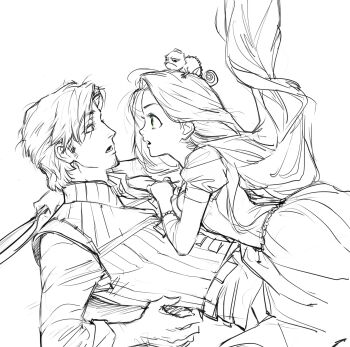 1boy 1girl absurdres animal animal_on_head belt breasts brown_eyes chameleon closed_mouth cowboy_shot curtained_hair dress facial_hair flynn_rider frown frying_pan girl_on_top goatee_stubble highres holding holding_frying_pan jjojjo110110 juliet_sleeves lace_trim long_hair long_sleeves on_head open_mouth parted_bangs pascal_(tangled) puffy_sleeves rapunzel_(disney) short_hair sideburns small_breasts spot_color stubble surprised tangled very_long_hair vest