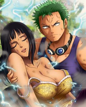 1boy 1girl absurdres artist_name black_hair blue_shirt blunt_bangs blurry blurry_background breasts cleavage closed_eyes closed_mouth collarbone dark-skinned_female dark_skin earrings electricity fur_trim goggles goggles_around_neck green_hair head_tilt highres holding jewelry large_breasts lightning long_hair nico_robin nico_robin_(skypiea) one_piece open_mouth parted_lips rakara11_(rakkarts) roronoa_zoro sanpaku shirt short_hair sideways_glance single_earring skypiea sleeveless sleeveless_shirt strap_slip teeth upper_body upper_teeth_only v-shaped_eyebrows veins watermark