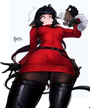 1boy 1girl ada_wong ada_wong_(cosplay) angry animal_ears balgitt black_gloves blunt_bangs boots cat_boy cat_ears cat_tail chest_harness cosplay dress flying_sweatdrops from_below fur-trimmed_jacket fur_trim gloves green_eyes gun handgun harness highres holding holding_mini_person holster jacket jane_doe_(zenless_zone_zero) leon_s._kennedy leon_s._kennedy_(cosplay) long_hair low_ponytail mini_person mouse_ears mouse_girl mouse_tail pantyhose ponytail red_dress red_sweater resident_evil seth_lowell spanish_commentary swatting sweater sweater_dress tail taut_clothes taut_dress thigh_boots thigh_holster turtleneck turtleneck_dress very_long_tail weapon white_background wide-eyed zenless_zone_zero