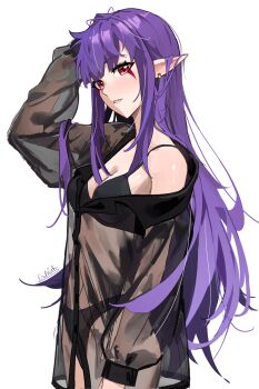 1girl absurdres black_bra black_panties black_shirt bra breasts cleavage commentary demon_girl earrings english_commentary erikvarts esil_radiru fang highres jewelry long_hair looking_at_viewer mark_under_both_eyes medium_breasts messy_hair paid_reward_available panties pointy_ears purple_hair red_eyes ruffling_hair see-through_clothes see-through_shirt shirt single_off_shoulder solo solo_leveling underwear white_background