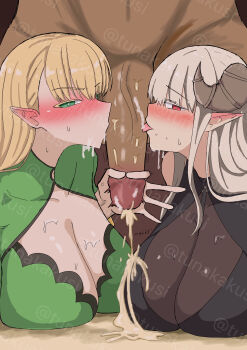 1boy 2.5_jigen_no_ririsa 2girls absurdres blonde_hair blush bodysuit breasts capelet cleavage cosplay cum demon_girl demon_horns dress elf eri_(2.5_jigen_no_ririsa) fellatio green_dress handjob hanyuu_mayuri hetero highres horns kissing_penis large_breasts licking licking_penis long_hair looking_at_viewer multiple_girls oral orientation_play penis pointy_ears red_eyes see-through_cleavage see-through_clothes sidelocks white_hair
