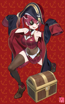 1girl absurdres ankle_boots arms_up arrow_through_heart artist_logo ascot belt black_coat blue_gem boots breasts brooch brown_belt brown_boots brown_thighhighs cleavage coat commentary covered_navel cropped_jacket eyepatch fang fold-over_boots full_body gem gold_trim hair_ribbon hands_up hat highres hololive houshou_marine houshou_marine_(1st_costume) jacket jewelry large_breasts leather leather_boots leotard leotard_under_clothes logo long_hair long_sleeves looking_at_viewer mr_tangsuyuk off_shoulder open_mouth pirate_costume pirate_hat pleated_skirt red_ascot red_background red_eyes red_hair red_jacket red_ribbon red_skirt ribbon see-through_cleavage see-through_clothes see-through_leotard skirt sleeveless sleeveless_jacket sleeves_past_fingers sleeves_past_wrists smile solo thighhighs treasure_chest twintails virtual_youtuber