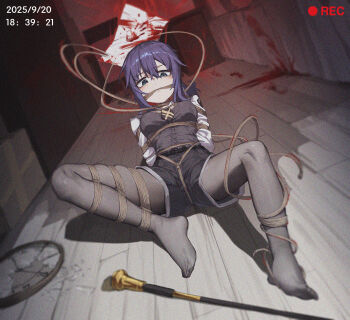 1girl absurdres arms_behind_back bdsm belt black_necktie black_pantyhose blood blue_eyes bondage bound breasts crotch_rope frogtie gag gagged highres long_hair looking_down medium_breasts necktie original pantyhose purple_hair restrained rope_gag shibari shibari_over_clothes shirt shorts solo spread_legs vest white_shirt xiongmao