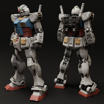 3d absurdres back blender_(medium) character_name commentary comparison dual_persona earth_federation emblem english_commentary english_text gradient_background gundam highres machinery mecha mecha_focus mjeff mobile_suit mobile_suit_gundam multiple_views no_humans realistic robot roundel rx-78-2_gundam science_fiction shadow thrusters v-fin vernier_thrusters