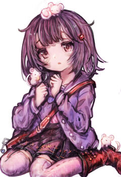 1girl animal animal_on_head black_skirt boots brown_boots center-flap_bangs commentary granblue_fantasy grey_thighhighs highres jacket long_sleeves medium_hair miniskirt mouse_(animal) mouse_on_head mouse_on_shoulder on_head pleated_skirt red_eyes simple_background sitting skirt solo tearing_up thighhighs tsukihi_shida vikala_(granblue_fantasy) wariza white_background