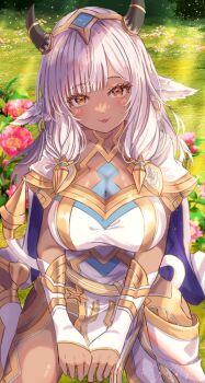 1girl :p animal_ears ash_(borrowed_power)_(fire_emblem) ash_(fire_emblem) blue_cape blush breasts cape cleavage collarbone cow_ears cow_girl cow_horns cow_tail dark-skinned_female dark_skin fire_emblem fire_emblem_heroes french_kiss fuussu_(21-kazin) gold_trim horns kiss large_breasts nintendo official_alternate_costume outdoors smile solo tail thighs tongue tongue_out two-sided_cape two-sided_fabric white_hair yellow_eyes