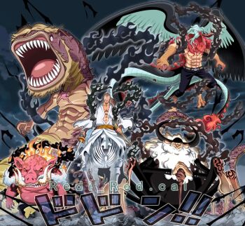 5boys arthropod_boy artist_name bakotsu_(youkai) bald beard dragon_tail ethan-baron_v._nusjuro facial_hair feathered_wings fire glasses hagoromo highres holding holding_staff holding_sword holding_weapon horns horse itsumade_(youkai) jaygarcia_saturn long_beard male_focus marcus_mars monster_boy multiple_boys muscular muscular_male mustache one_piece open_mouth outdoors pig_boy redi_red.cal robe scar scar_on_chest sharp_teeth shawl shepherd_ju_peter skeleton spider_boy staff sword tail teeth topman_warcury torn_clothes tusks ushi-oni_(youkai) weapon white_robe wings worm