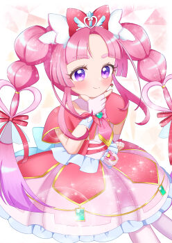 Rule 34 | 1girl, absurdres, bare shoulders, blue bow, blunt bangs, blunt ends, blush, bow, braid, brooch, closed mouth, commentary request, cure mystique, dress, earrings, fingerless gloves, glove bow, gloves, gold trim, gradient background, hair bow, hair ornament, hand on own hip, heart, heart background, heart brooch, heart in eye, highres, impossible hair, index finger raised, jewelry, kobayashi mikuru, layered dress, leg up, long hair, looking at viewer, magical girl, medium dress, meitantei precure!, mirun migyu, off-shoulder dress, off shoulder, pact holder, parted bangs, pink background, pink bow, pink dress, pink gloves, pink hair, pink thighhighs, pleated dress, pouch, precure, purple eyes, red bow, sidelocks, smile, solo, sparkle, symbol in eye, thighhighs, twin braids, very long hair, wing hair ornament