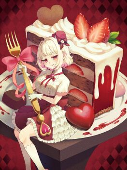 Rule 34 | 1girl, amanegi toro, bob cut, breasts, cake, cake slice, chocolate, commentary request, food, fork, hair ornament, heart, highres, looking at viewer, original, plate, red eyes, shirt, short hair, smile, solo, valentine, white hair