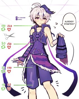 1girl ahoge androgynous anmyu bandaged_arm bandages bare_shoulders belt commentary dotted_line english_commentary english_text facebook_username flat_chest flower_(vocaloid) flower_(vocaloid4) flying_sweatdrops fur-trimmed_overskirt highres holding holding_cloth holding_scissors like_and_retweet multicolored_hair nervous notice_lines overskirt parted_lips purple_arm_warmers purple_eyes purple_shirt purple_skirt purple_streaks purple_vest scissors shirt short_hair shorts shorts_under_skirt skirt sleeveless sleeveless_shirt solo speech_bubble sweat twitter_cutting_game twitter_username variant_set vest vocaloid white_background white_hair