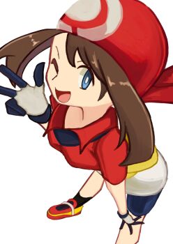 1girl bike_shorts bike_shorts_under_shorts blue_eyes brown_hair cosplay fanny_pack gloves highres looking_at_viewer may_(pokemon) may_(pokemon)_(cosplay) nintendo one_eye_closed open_mouth pokemon pokemon_rse red_shirt red_shoes shirt shoes short_hair shorts shorts_under_shorts smile tikuwabu_33