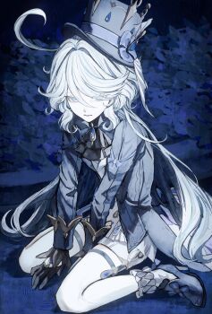 1girl absurdres arm_support ascot asymmetrical_gloves black_ascot black_gloves blue_background blue_hat blue_jacket blue_pupils blue_ribbon blue_shoes blue_suit brooch cowlick eyes_visible_through_hair feathers flat_chest formal_clothes frilled_socks frills full_body furina_(genshin_impact) genshin_impact gloves hair_intakes hair_over_one_eye half_gloves hat hat_feather hat_ribbon heterochromia highres jacket jewelry koumimi long_hair long_sleeves looking_at_viewer low_twintails mismatched_gloves on_floor ouji_fashion parted_lips rain ribbon ripples shirt shoes short_shorts shorts sitting socks solo suit suit_jacket swept_bangs thigh_strap top_hat twintails wariza white_feathers white_gloves white_hair white_shirt white_shorts white_socks