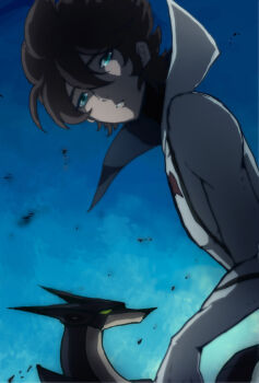 1boy blue_background blue_eyes bodysuit brown_hair casshern casshern_(series) casshern_sins commentary_request dog dutch_angle expressionless friender hair_between_eyes long_bangs looking_at_viewer male_focus parted_lips popped_collar short_hair solo spiked_hair unredo upper_body white_bodysuit