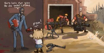 1girl 3boys ? absurdres blu_spy_(tf2) bomb commentary dynamite engineer_(tf2) english_commentary english_text explosive go_do_a_crime_(meme) gun heavy_(tf2) highres meme multiple_boys neco-arc ony01 pipe_bomb red_engineer_(tf2) red_heavy_(tf2) spy_(tf2) team_fortress_2 weapon