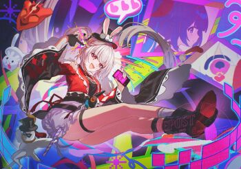 1girl aha_(honkai:_star_rail) bird black_boots black_gloves boots breasts commentary_request gloves hat heart holding holding_phone honkai:_star_rail honkai_(series) long_hair looking_at_viewer mm_(motot) open_mouth phone purple_hair red_shirt shirt skirt small_breasts smile solo sparkle_(honkai:_star_rail) sparxie_(honkai:_star_rail) spoken_heart thigh_strap thighs top_hat twitter_username very_long_hair white_bird white_hair white_skirt