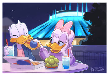 1boy 1girl bow couple daisy_duck donald_duck dress duck_boy duck_girl furry furry_female furry_male furry_with_furry hetero mickey_mouse_&amp;_friends open_mouth outdoors pink_bow purple_dress purple_eyes shirt smile takatmaorange