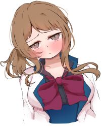 Rule 34 | 1girl, absurdres, arms at sides, assault lily, black shirt, blush, bow, bowtie, breasts, brown hair, buttons, chitonimu, cleavage, collared shirt, commentary request, cropped arms, cropped torso, grey eyes, hair ornament, head tilt, herensuge girls academy school uniform, highres, iijima renka, jacket, large breasts, long hair, long sleeves, looking at viewer, low side ponytail, open clothes, open jacket, parted lips, red bow, red bowtie, school uniform, shirt, side ponytail, sidelocks, simple background, solo, star (symbol), star hair ornament, underbust, upper body, white background, white jacket