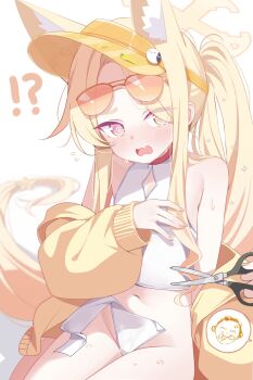 1girl @_@ animal_ear_fluff animal_ears bare_shoulders blue_archive breasts covering_breasts covering_privates deyui embarrassed extra_ears forehead fox_ears fox_girl fox_tail groin highleg highleg_one-piece_swimsuit highres jacket loli long_hair looking_at_viewer navel nervous_sweating official_alternate_costume official_alternate_hairstyle one-piece_swimsuit open_mouth pink-tinted_eyewear pink_eyes seia_(blue_archive) seia_(swimsuit)_(blue_archive) side_ponytail small_breasts solo sweat swimsuit tail tinted_eyewear twitter_cutting_game twitter_strip_game visor_cap wavy_mouth white_one-piece_swimsuit yellow_jacket