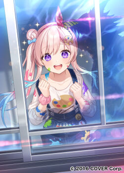 Rule 34 | 1girl, :d, airani iofifteen, airani iofifteen (1st costume), blue bow, blue hair, bow, clenched hands, collarbone, commentary request, gradient hair, hair between eyes, hair bow, hair bun, hair ornament, hands up, hololive, hololive indonesia, karokuchitose, long hair, multicolored hair, official art, open mouth, overalls, paint palette, paint splatter, pink hair, reflection, shirt, side ponytail, single side bun, smile, solo, sparkle, very long hair, virtual youtuber, white shirt, window