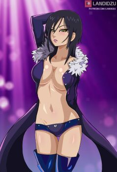 1girl black_hair breasts coat fur_trim highres impossible_clothes landidzu lipstick makeup merlin_(nanatsu_no_taizai) nanatsu_no_taizai no_bra open_clothes patreon_username revealing_clothes shorts solo tagme wide_hips yellow_eyes