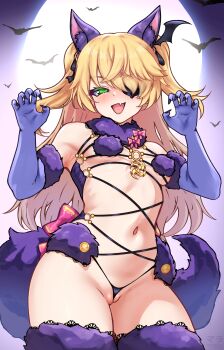 1girl :d absurdres animal_ear_fluff animal_ears blonde_hair breasts claw_pose cleft_of_venus commentary cosplay cowboy_shot elbow_gloves english_commentary eyepatch fang fate/grand_order fate_(series) fischl_(genshin_impact) frontal_wedgie fur-trimmed_gloves fur-trimmed_thighhighs fur_collar fur_trim genshin_impact gloves green_eyes hands_up highres long_hair mash_kyrielight mash_kyrielight_(dangerous_beast) mash_kyrielight_(dangerous_beast)_(cosplay) matsumaramara navel open_mouth purple_gloves purple_thighhighs pussy revealing_clothes skin_fang small_breasts smile solo tail thighhighs two_side_up wedgie