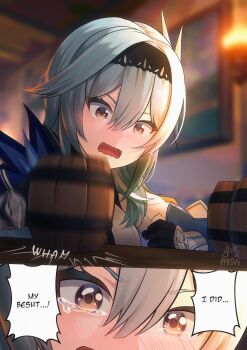 1girl absurdres acrylicstroke alcohol beer_mug black_gloves blue_hair blush crying crying_with_eyes_open cup derivative_work drink drunk english_text eula_(genshin_impact) genshin_impact gloves hairband highres indoors jahy-sama_wa_kujikenai! long_sleeves comic_panel_redraw medium_hair mug open_mouth parody sad scene_reference solo speech_bubble table tearing_up tears vambraces wavy_hair