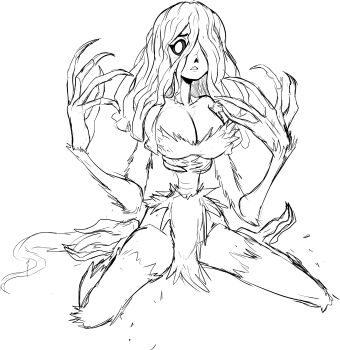 absurdres black_sclera blood-starved_beast bloodborne breasts claws cleavage colored_sclera exposed_bone highres kneeling large_breasts long_hair noseless personification ribs sketch teevo