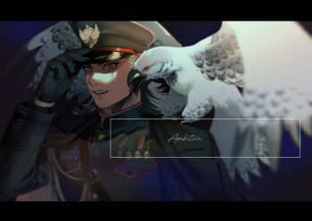 1boy adjusting_clothes adjusting_headwear alternate_costume animal animal_on_shoulder belt bird bird_on_shoulder black_belt black_cape black_gloves black_hat black_jacket blonde_hair blurry blurry_foreground buttons cape eagle gloves hand_on_headwear hand_up hashimoto_(yanagi-momo) hat jacket kimetsu_no_yaiba letterboxed long_sleeves looking_at_viewer male_focus medal military military_hat military_uniform open_mouth parted_lips peaked_cap pocket red_eyes rengoku_kyoujurou shoulder_belt smile solo teeth upper_body