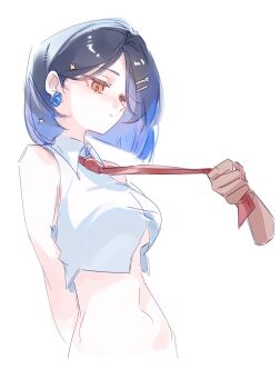 1girl 1other alternate_hair_length_(shorter) arms_behind_back black_hair blue_flower blue_hair blue_rose blunt_ends blush breasts closed_mouth clothes_grab collared_shirt crop_top cropped_shirt disembodied_hand dot_mouth earrings flower flower_earrings from_side gradient_hair great_yell_for_dreamers!_(project_sekai) hair_behind_ear hair_ornament hairclip highres jewelry large_breasts looking_at_object looking_down multicolored_hair navel necktie necktie_grab neckwear_grab official_alternate_costume official_alternate_hairstyle orange_eyes parallel_hairclips parted_hair phynolcrystal project_sekai red_necktie rose shiraishi_an shirt short_hair simple_background sleeveless sleeveless_shirt solo_focus star_(symbol) star_hair_ornament stomach upper_body white_background white_shirt wing_collar