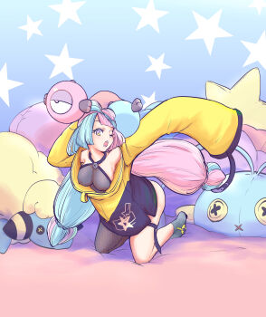 1girl absurdres aqua_hair chinchou gen_2_pokemon hhh-hudiki highres iono_(pokemon) long_hair mareep multicolored_hair nintendo pink_hair pokemon pokemon_sv solo two-tone_hair very_long_hair