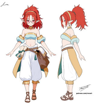 1girl bag bandeau bare_shoulders belt blue_bandeau blush breasts brown_bag brown_belt brown_sandals closed_mouth commentary english_commentary full_body genie glasses gold_choker hairband long_hair map_(object) midriff navel original pants pointy_ears ponytail red_eyes red_hair reference_sheet revenantart sandals signature simple_background smile white_background white_pants yellow_hairband