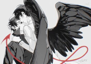 2boys black_coat black_eyes black_hair black_shirt black_wings coat demon_tail feathered_wings forehead-to-forehead hand_on_another&#039;s_head hand_on_another&#039;s_shoulder heads_together highres hug kim_dokja looking_at_another male_focus multiple_boys omniscient_reader&#039;s_viewpoint open_clothes open_coat popped_collar shirt short_hair tail twle white_coat wings yoo_joonghyuk