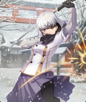 Rule 34 | 1girl, architecture, arm up, black gloves, black hair, black pantyhose, blue skirt, breasts, brown eyes, building, buttons, colored tips, cowboy shot, dot nose, double-breasted, east asian architecture, game cg, gloves, grey hair, grey shirt, hand up, holding, holding sword, holding weapon, jacket, katana, long sleeves, medium breasts, multicolored hair, official art, origami family's special defense team uniform, outdoors, pantyhose, ribbed shirt, satsuki yomi, shirt, short hair, skirt, snow, snowing, solo, sparks, sword, third-party source, toji no miko, toji no miko: kizamishi issen no tomoshibi, torii, tree, weapon, white jacket, winter