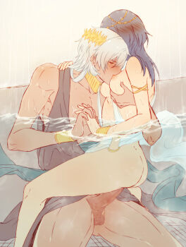 1boy 1girl a9864678 alternate_costume ancient_greek_clothes ass bad_id bad_pixiv_id between_breasts blue_hair breasts censored chief_(path_to_nowhere) closed_eyes female_chief_(path_to_nowhere) greco-roman_clothes head_between_breasts head_wreath hetero highres holding_hands in_water mr._fox_(path_to_nowhere) nipples official_alternate_costume path_to_nowhere sex tan testicles vaginal wet