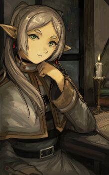 1girl absurdres belt black_choker book candle candlelight candlestand capelet choker closed_mouth commentary cowboy_shot double-parted_bangs earrings elbow_on_table elf english_commentary expressionless fire frieren green_eyes grey_hair hair_over_shoulder hand_on_own_chin highres impressionism indoors jewelry kornod long_hair looking_at_viewer night night_sky open_book pointy_ears revision shirt short_eyebrows sidelocks skirt sky solo sousou_no_frieren star_(sky) striped_clothes striped_shirt twintails window