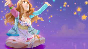 Rule 34 | 10s, 2girls, :3, arms up, blonde hair, breasts, brown hair, cleavage, futaba anzu, hair ornament, idolmaster, idolmaster cinderella girls, indian style, jacket, jewelry, long hair, mini person, minigirl, moroboshi kirari, multiple girls, necklace, nemeko, open mouth, outstretched arms, outstretched hand, sitting, sleeping, smile, star (symbol), star hair ornament, stuffed animal, stuffed rabbit, stuffed toy, twintails, very long hair