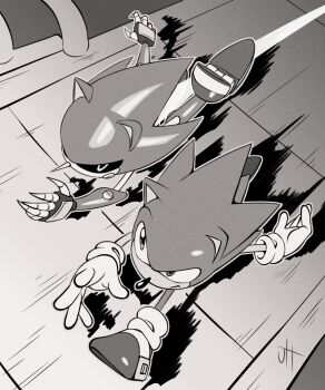 2boys animal_ears animal_nose closed_mouth from_above full_body furry furry_male gamertimeartz gloves hedgehog highres indoors looking_at_another male_focus metal_sonic multiple_boys open_mouth outline racing robot running shoes sideways_mouth smile socks sonic_(series) sonic_cd sonic_the_hedgehog sonic_the_hedgehog_(classic) tail teeth