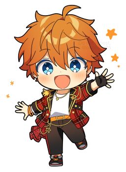 1boy ahoge akehoshi_subaru arm_up black_gloves blue_eyes blush bracelet brown_pants chibi chibi_only commentary ensemble_stars! fingerless_gloves full_body gloves hair_between_eyes highres jacket jewelry male_focus mikawa_ayumu open_clothes open_jacket open_mouth orange_hair pants plaid_clothes plaid_jacket red_jacket short_hair simple_background single_fingerless_glove single_glove smile solo standing standing_on_one_leg star_(symbol) white_background