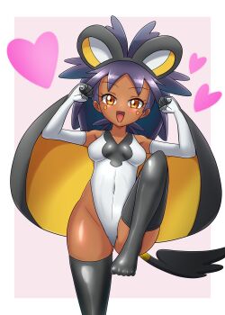 1girl animal_ears black_cape black_hair black_thighhighs blush breasts brown_eyes cape collarbone cosplay dark_skin emolga facial_mark flying_squirrel_costume gen_5_pokemon gloves heart heart_facial_mark heart_on_cheek highleg highleg_leotard highres iris_(pokemon) leotard long_hair looking_at_viewer nintendo open_mouth pink_background pokemon pokemon_bw shadow_(modeler3622) small_breasts smile squirrel_costume squirrel_ears squirrel_girl squirrel_tail standing standing_on_one_leg tail thighhighs two-sided_cape two-sided_fabric white_gloves white_leotard yellow_cape