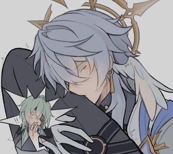 Rule 34 | !, !!, 2boys, 4halovian, anaxa (honkai: star rail), black jacket, blush, commentary, crossed bangs, earrings, english commentary, eyepatch, feathered wings, gloves, gold earrings, gold ring, greco-roman clothes, green hair, grey hair, grey pants, hair between eyes, hair ornament, half-closed eye, half-closed eyes, halo, halo behind head, hand up, head wings, highres, honkai: star rail, honkai (series), jacket, jewelry, lapels, long hair, looking at another, low ponytail, male focus, multiple boys, multiple rings, open mouth, pants, piercing, ponytail, purple shirt, ring, shirt, short hair, sidelocks, single earring, sunday (honkai: star rail), sweatdrop, thigh strap, thighs, trembling, white gloves, white jacket, wing piercing, wings, yaoi, yellow eyes