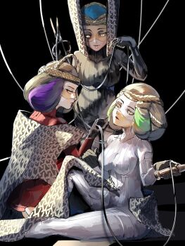 3girls 4me3ba_niku atropos_(megami_tensei) black_background black_bodysuit blonde_hair blue_hair bodysuit braid cape clotho_(megami_tensei) demon_(megami_tensei) entangled glowing glowing_eyes green_hair highres holding holding_string lachesis_(megami_tensei) lipstick makeup medium_hair multicolored_hair multiple_girls purple_hair red_bodysuit scissors shin_megami_tensei sitting string two-tone_hair white_bodysuit yellow_eyes