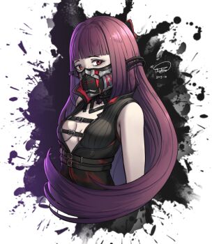 1girl andonoz blunt_bangs breasts breasts_apart buckle code_vein commission corset dated female_focus freckles gas_mask half_mask high_collar long_hair looking_at_viewer mask no_bra pale_skin purple_eyes red_eyes sideboob signature sleeveless small_breasts solo upper_body